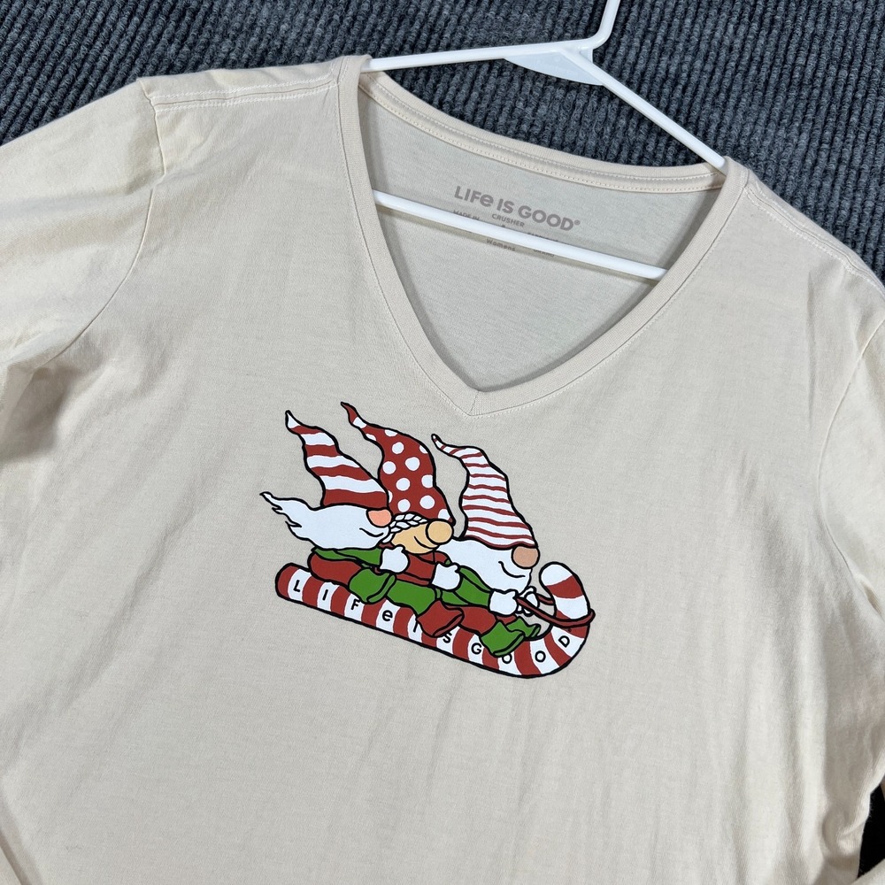 Life Is Good Crusher V Neck Shirt Womens Large Cream Elves Long Sleeve Casual